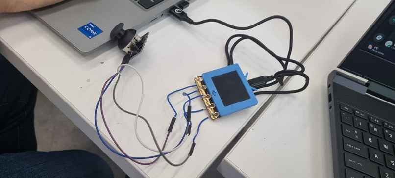 Photo of the Kittenbot hardware controller wired up with a joystick and display, built for the Eye Of Horus hackathon project
