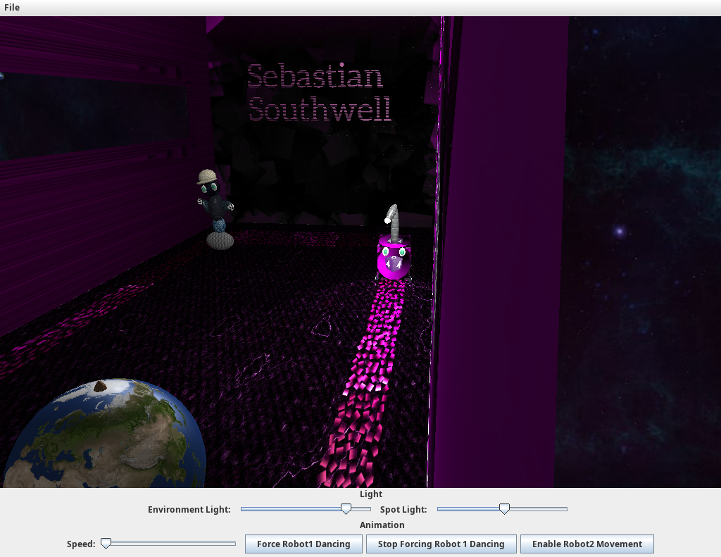 Live screenshot of the running OpenGL scene, showing a name plaque, a repeating dice-logo wall texture, Robot1 in its hat, and a spinning textured Earth globe