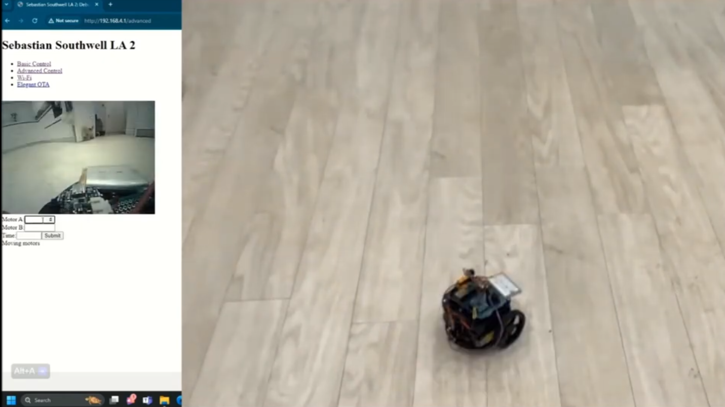 Split screenshot showing the robot car's own web control panel with a live camera feed on the left, and a real photo of the physical robot car on a wooden floor on the right
