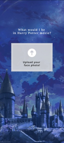 Screenshot of the Harry Potter character-matching app's upload screen, asking what character I would be in the Harry Potter movies