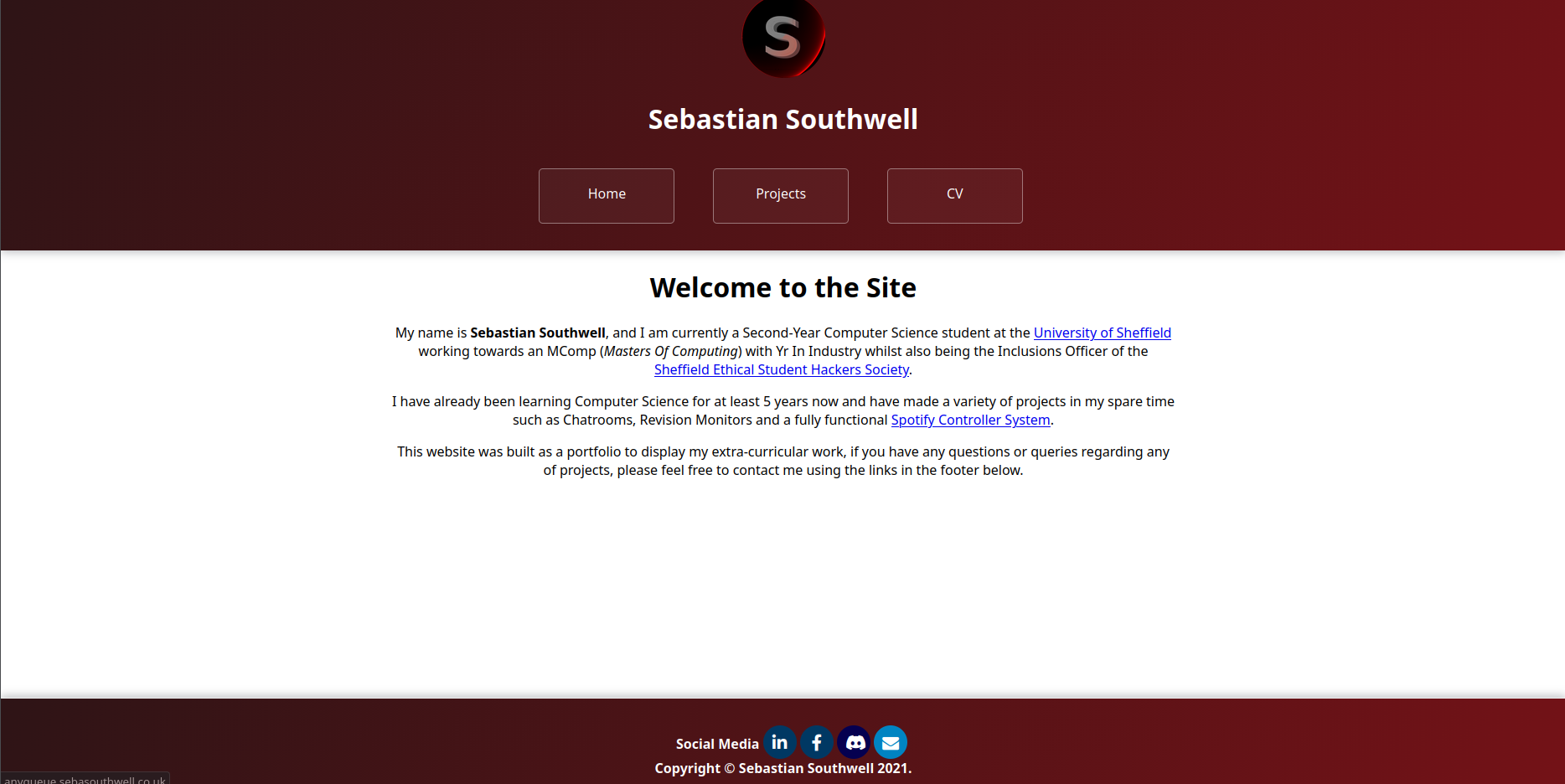 Screenshot of the dark red-themed predecessor to this site, showing its Home, Projects and CV navigation