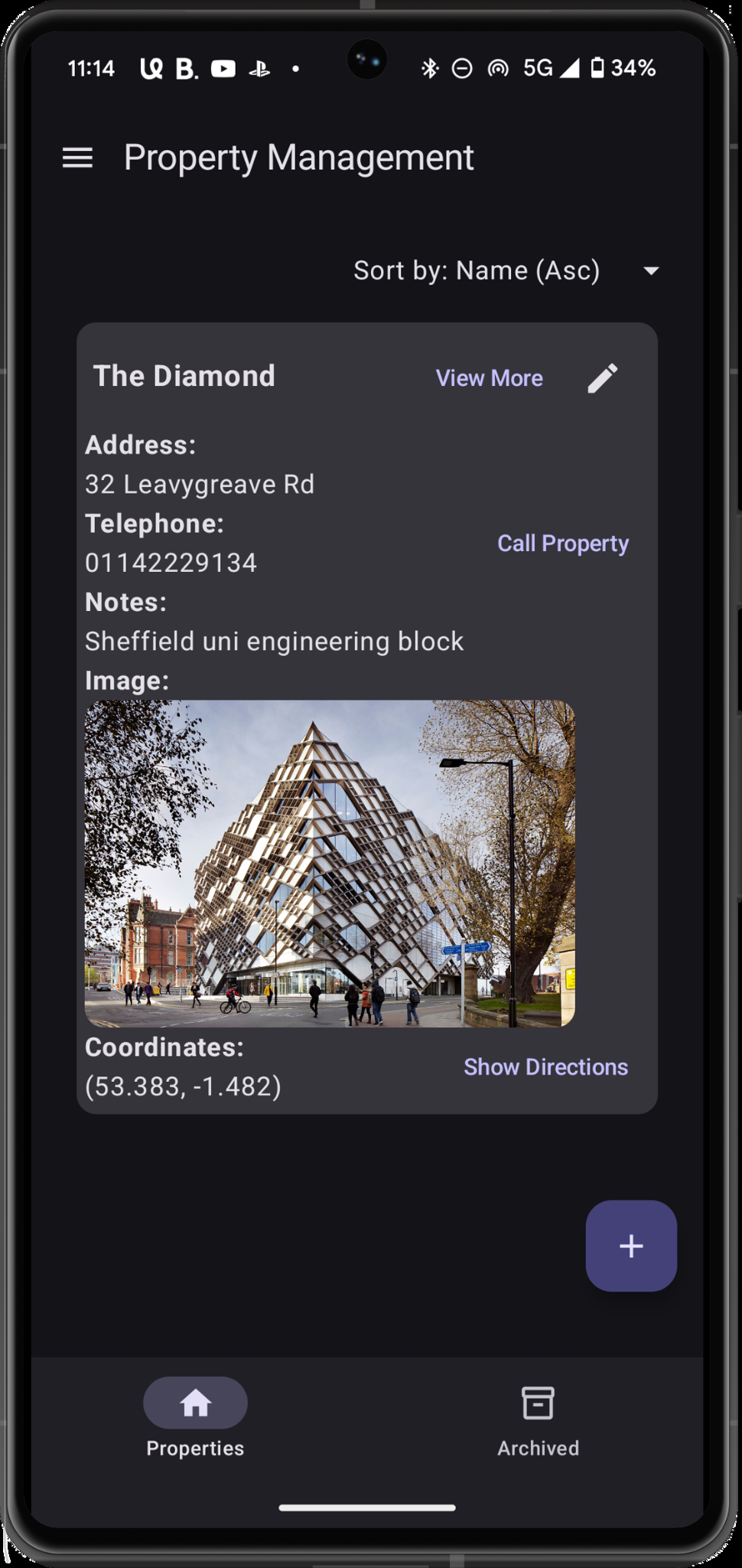 Property Management app screenshot showing a property creation form with an embedded Google Map