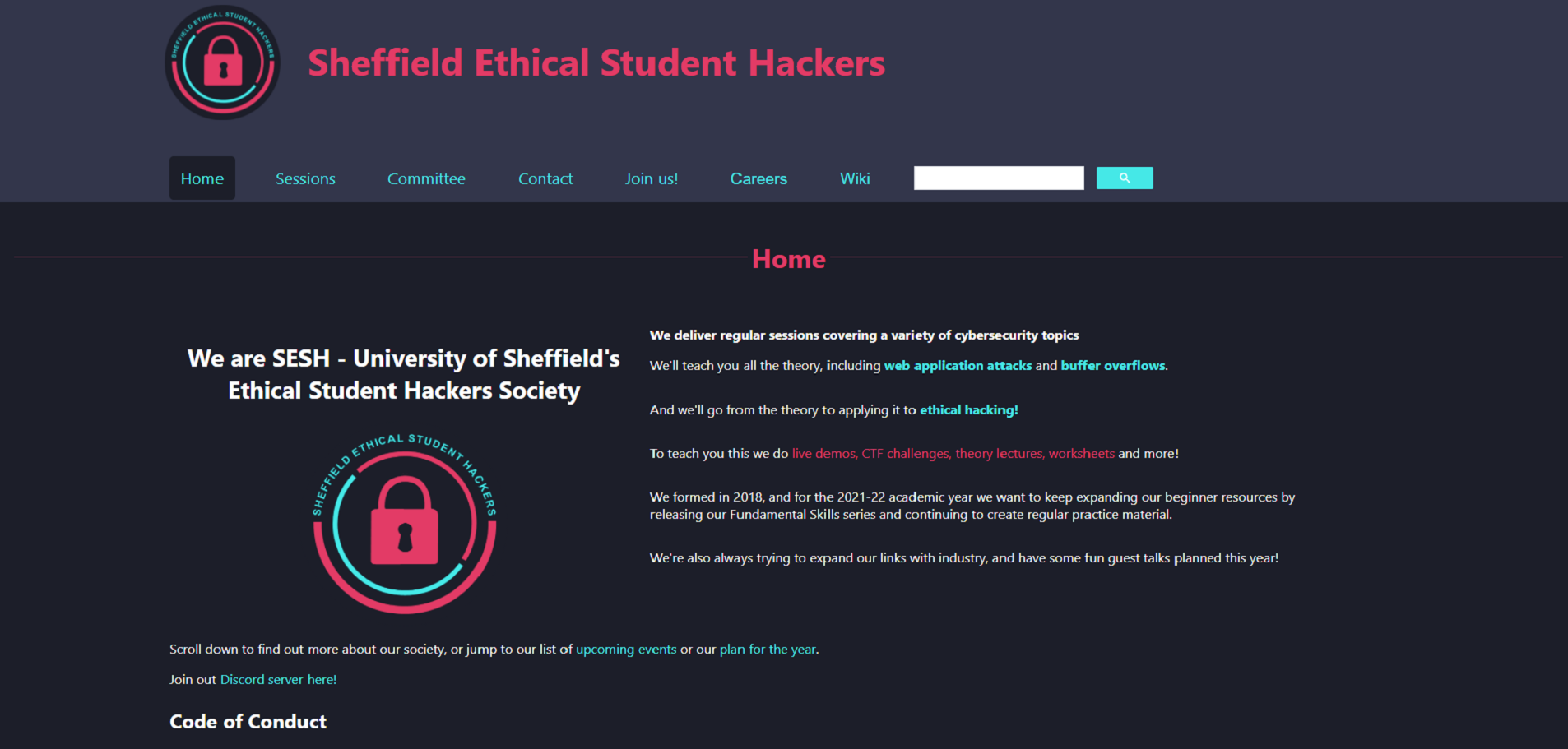 Sheffield Ethical Student Hackers Society website screenshot