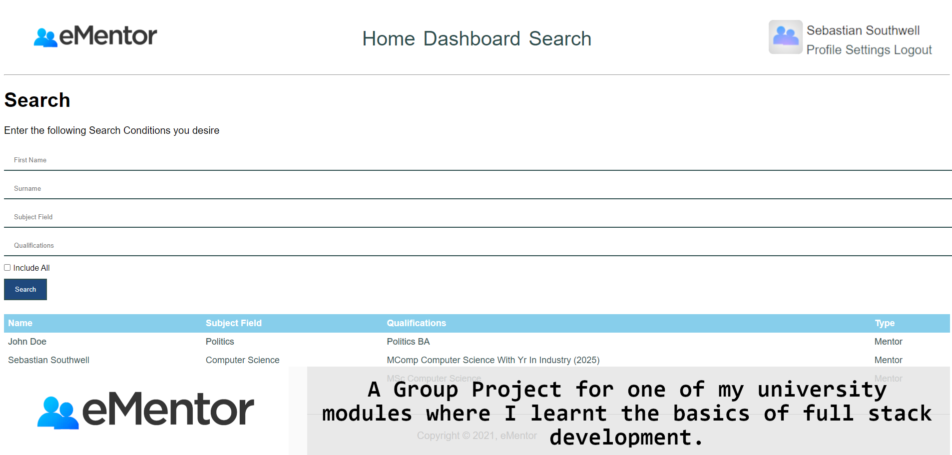 eMentor WebApp screenshot